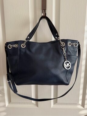 Michael Kors Navy Blue Pebbled Leather Tote with Chain Detail